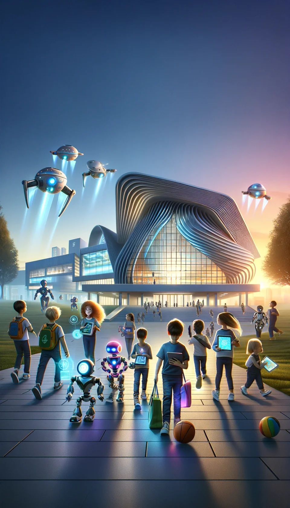 DALL·E 2024-03-19 17.50.41 - At the break of dawn, a smaller group of children, each holding futuristic gadgets and accompanied by personal robots, excitedly approach a modern, hi